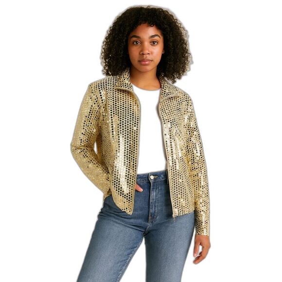 Valentina Gold Square SEQUINED Zip Front Lightweight Jacket Size M - Picture 1 of 6